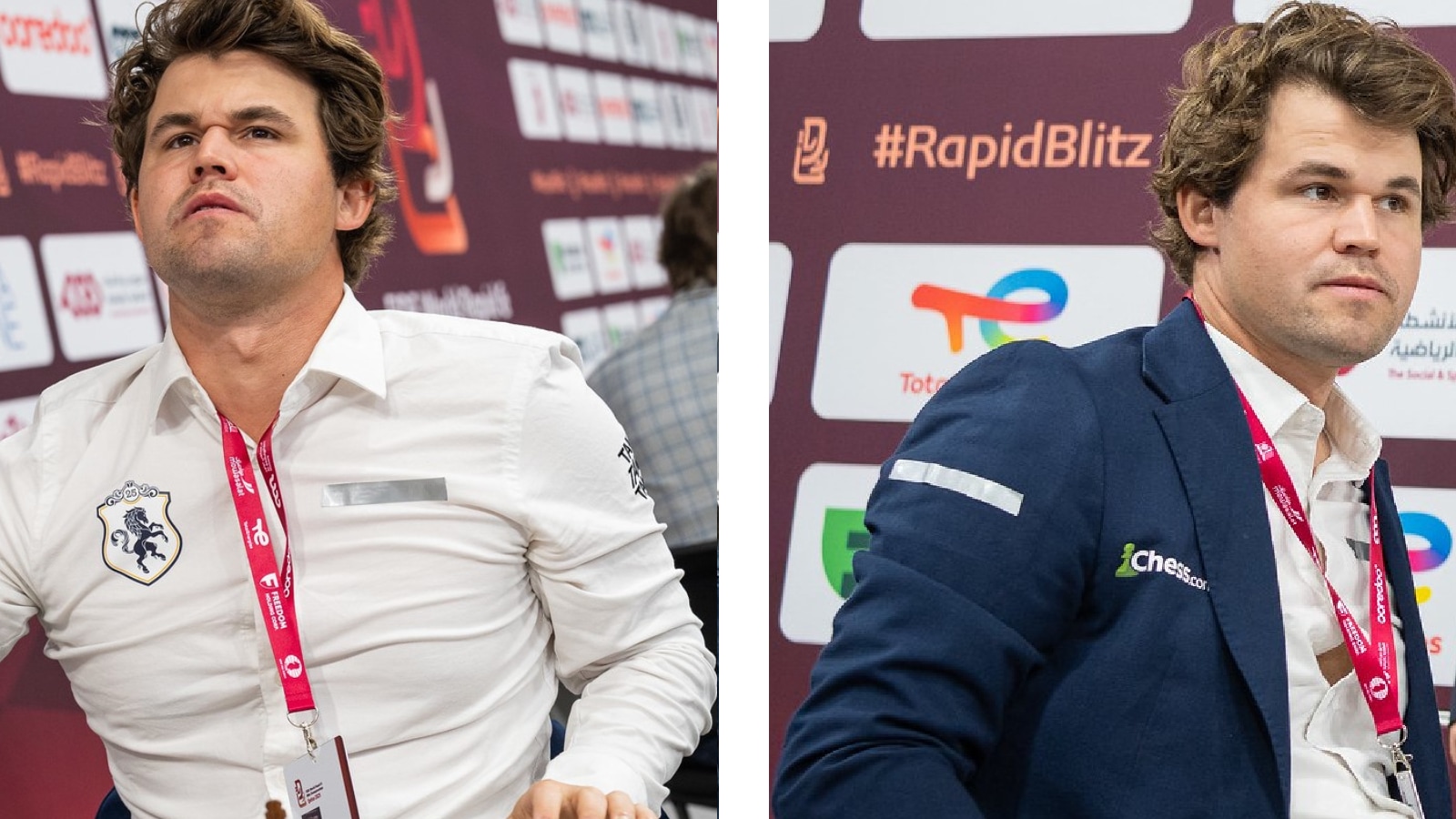Magnus Carlsen at the FIDE World Rapid Championship with the Betby logo covered with tape. (PHOTOs: Lennart Ootes via FIDE) 
