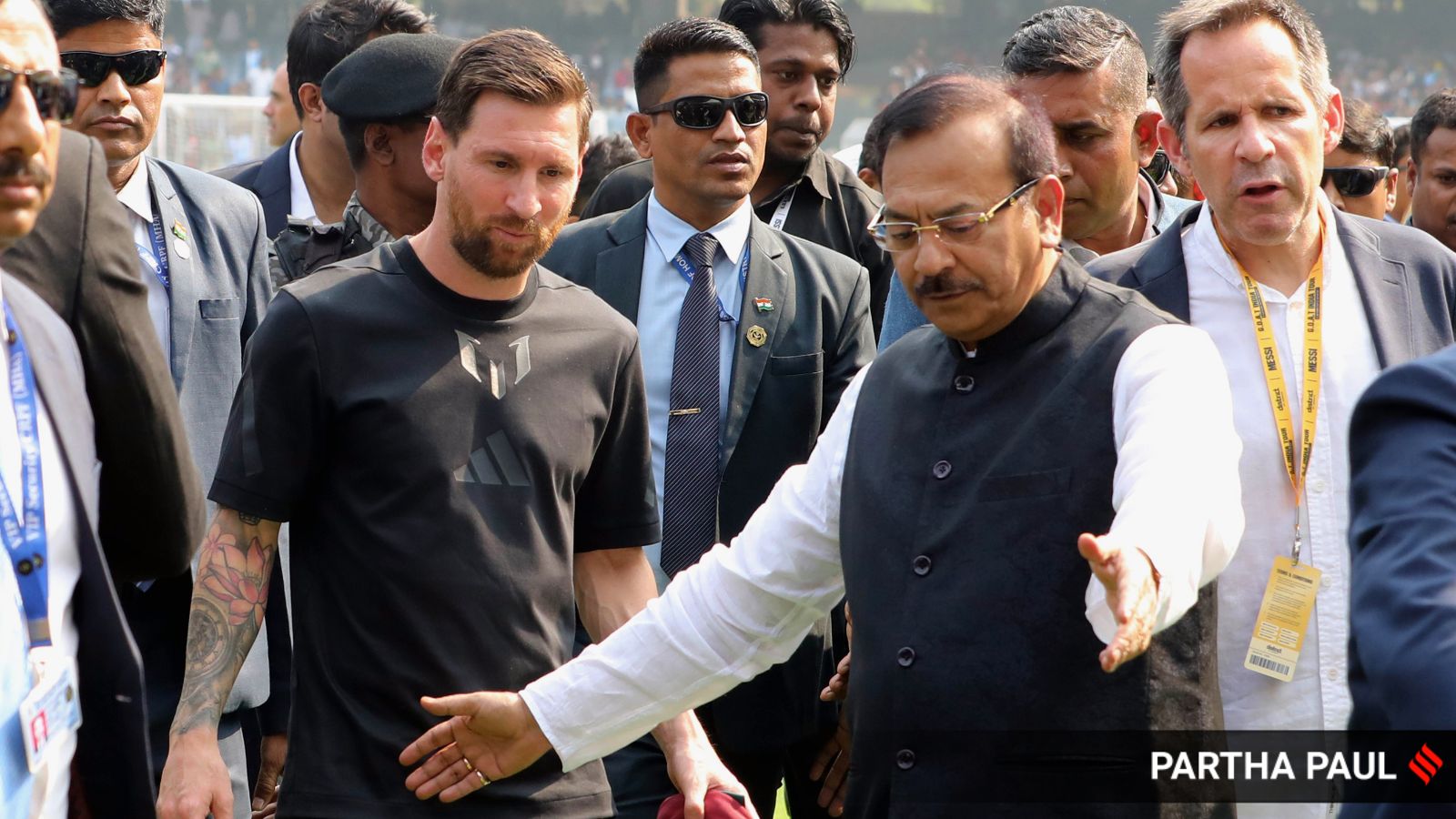West Bengal Sports Minister Aroop Biswas was seen in close proximity to Messi throughout the programme, with visuals showing him holding the footballer around the waist while posing for photographs. (Express File Photo by Partha Paul)