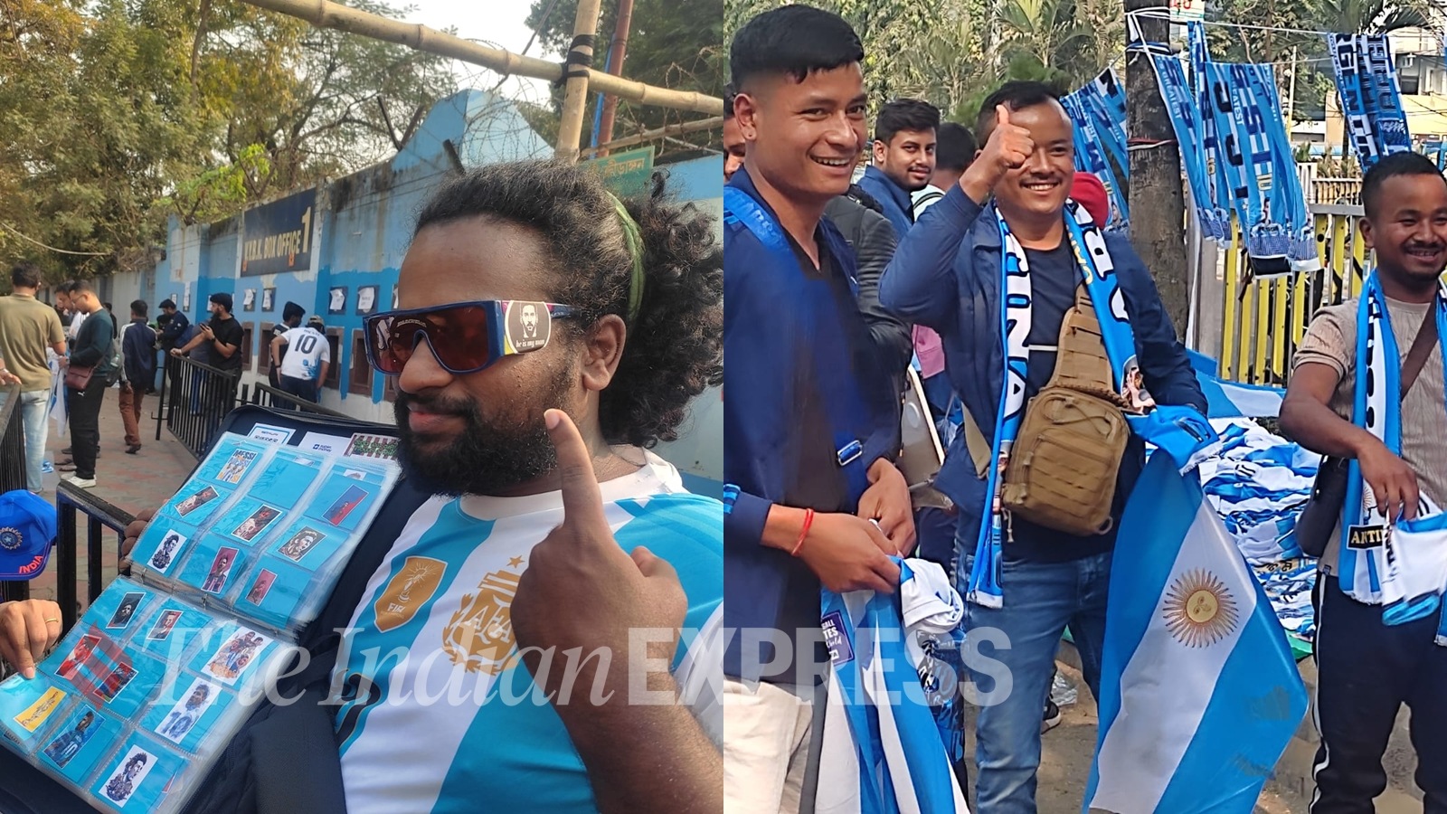 Right panel: Andrewman, a Lionel Messi fan from Kerala, selling stickers of the Argentine superstar. Left panel: Fans from Meghalaya Tory Dakhr (left) and Rangdajied Suchainag (centre) pose with Argentina jerseys and scarves. (Express Photo | Sayak Dutta)