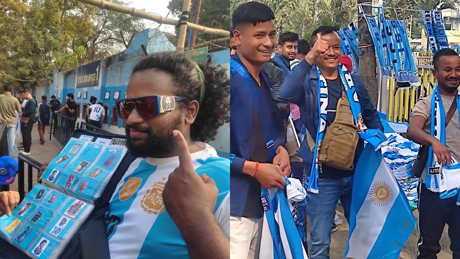 Right panel: Andrewman, a Lionel Messi fan from Kerala, selling stickers of the Argentine superstar. Left panel: Fans from Meghalaya Tory Dakhr (left) and Rangdajied Suchainag (centre) pose with Argentina jerseys and scarves. (Express Photo | Sayak Dutta)