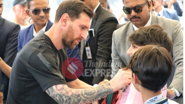Messi's visit to the field lasted only about 20 minutes, when the entire event of the Kolkata leg was supposed to last four hours. (Express Photo by Partha Paul)