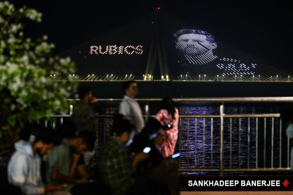 Bandra-Worli Sea Link is seen as it has been illuminated depicting a photograph of footballer Lionel Messi. (Express Photo/Sankhadeep Banerjee)