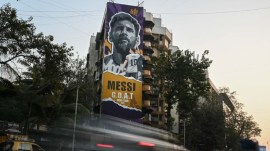A graffiti of Lionel Messi in Mumbai, drawn by artist Mooz Graffiti. (Express Photo/Sankhadeep Banerjee)
