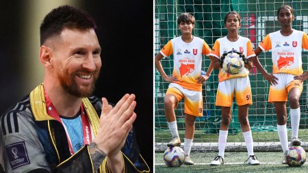 Himani Rawat (L in second pic), Shrusti Singh and Aaradhya Doifode (goalkeeper) will train with Lionel Messi as part of Project Mahadeva Football later this month. (Reuters/Express photo by Sankhadeep Banerjee)