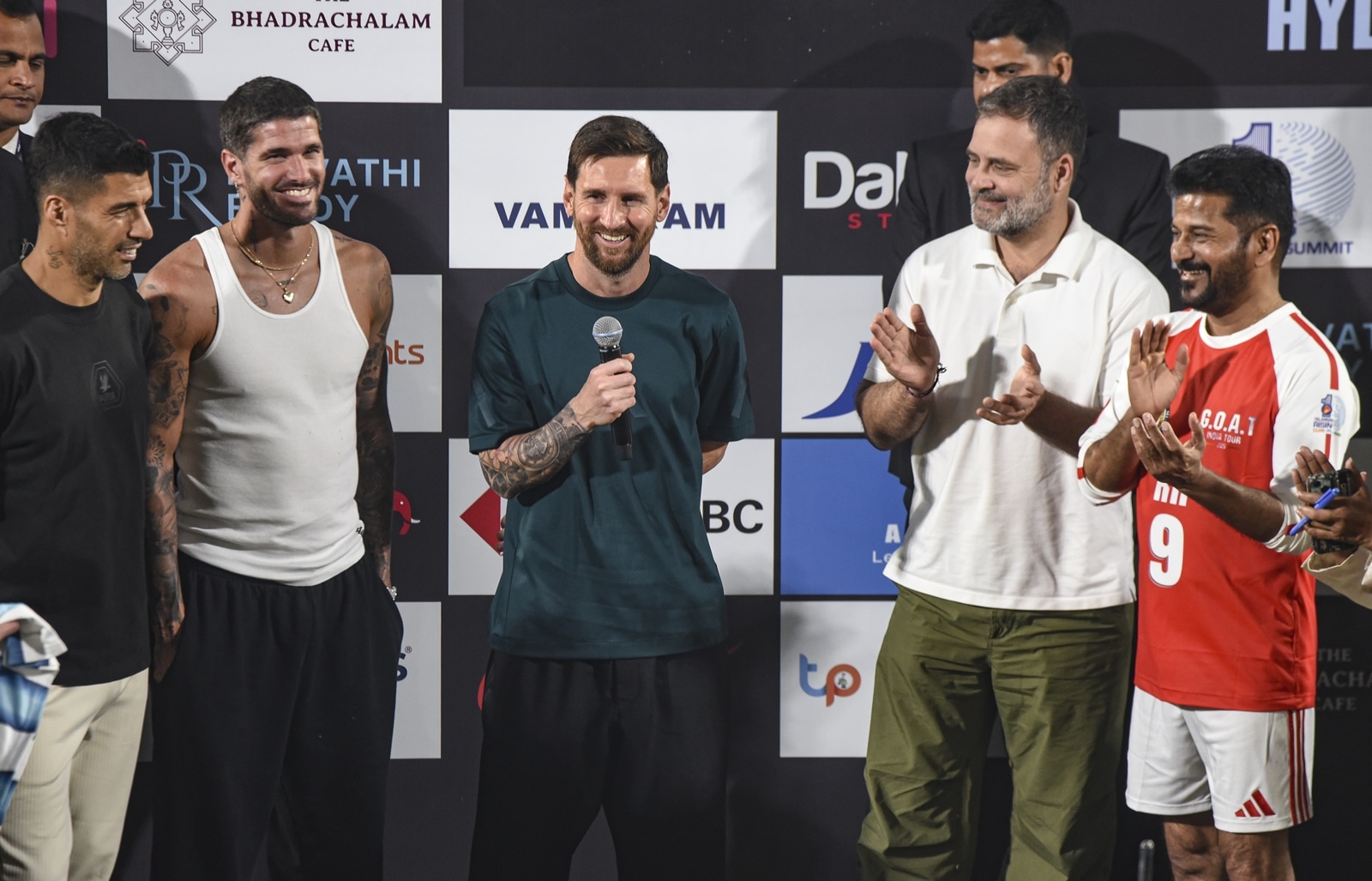 Lionel Messi addressing the crowd as his Inter Miami teammates Luis Suarez, Rodrigo de Paul, senior Congress leader Rahul Gandhi and Telangana Chief Minister Revanth Reddy look on. (PTI Photo)