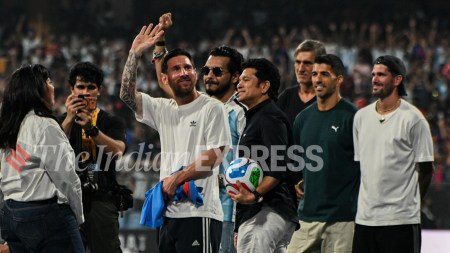 Thousands in the stands wore No.10 -- Sachin Tendulkar's number in these parts. But tonight it was for another No.10 -- the global sporting superstar Lionel Messi. (Express Photo by Sankhadeep Banerjee)
