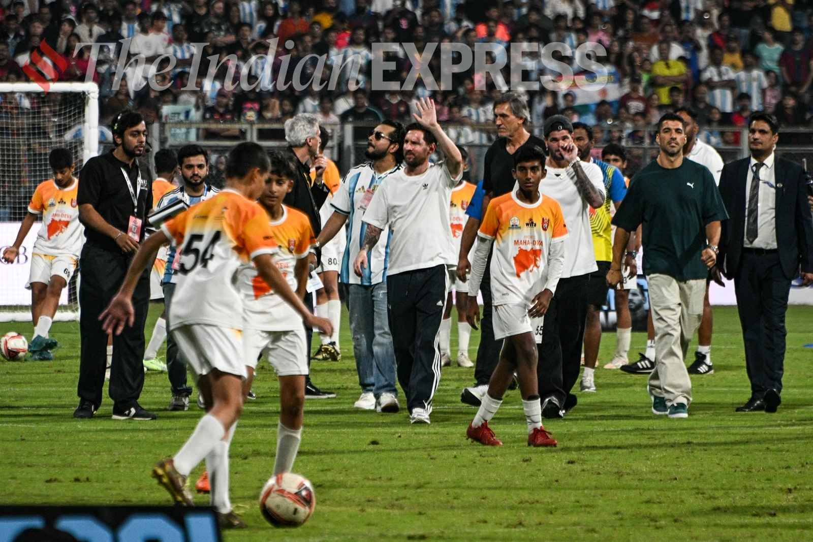 Every seat in every stand was filled, every phone held high, as the Messi made his way around the ground. (Express photo by Sankhadeep Banerjee)