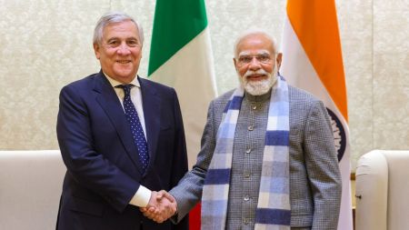 **EDS: THIRD PARTY IMAGE** In this image posted on Dec. 10, 2025, Prime Minister Narendra Modi meets Vice Prime Minister and Minister of Foreign Affairs and International Cooperation of Italy, Antonio Tajani, in New Delhi. (@narendramodi/X via PTI Photo)(PTI12_10_2025_000458B)