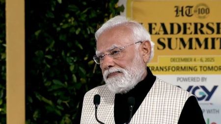 PM Modi addresses the gathering at the HT Summit Saturday. (Source: X/@htTweets)