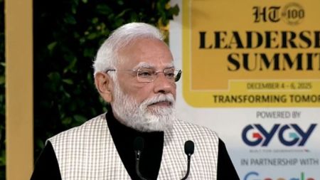 PM Modi addresses the gathering at the HT Summit Saturday.