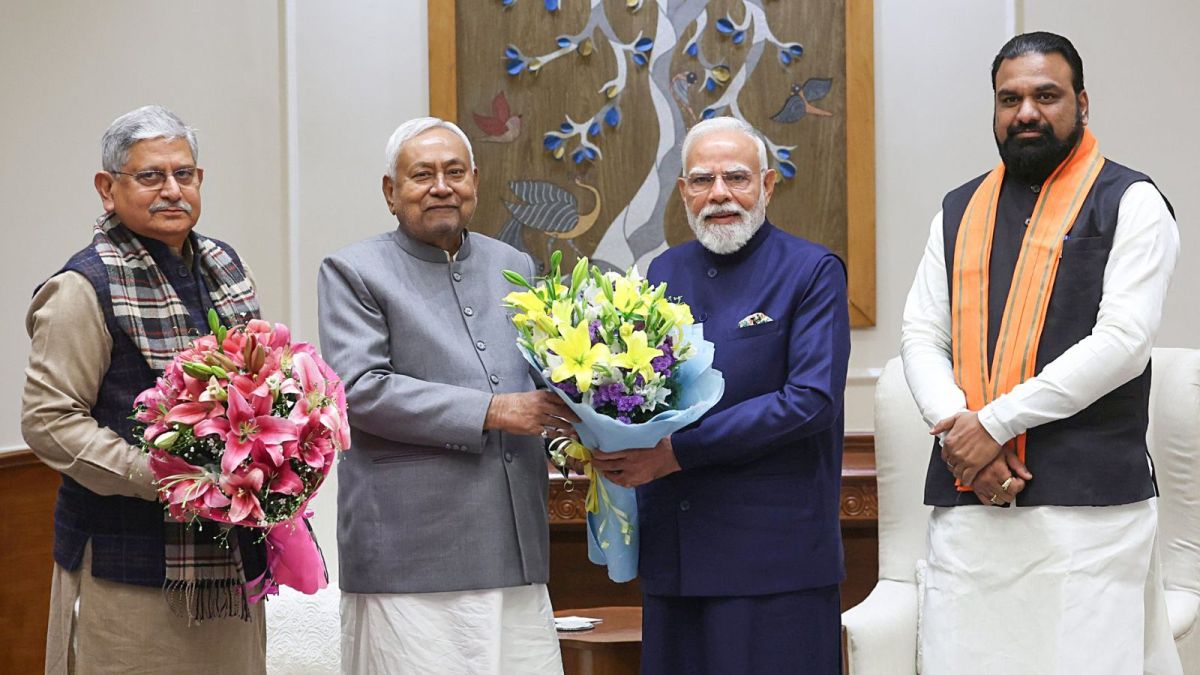 New Delhi, Dec 22 (ANI): Prime Minister Narendra Modi meets Bihar Chief Minister Nitish Kumar, Deputy CM Samrat Chaudhary and Union Minister Rajiv Ranjan (Lalan) Singh, in New Delhi on Monday. (PMO/ANI Photo)