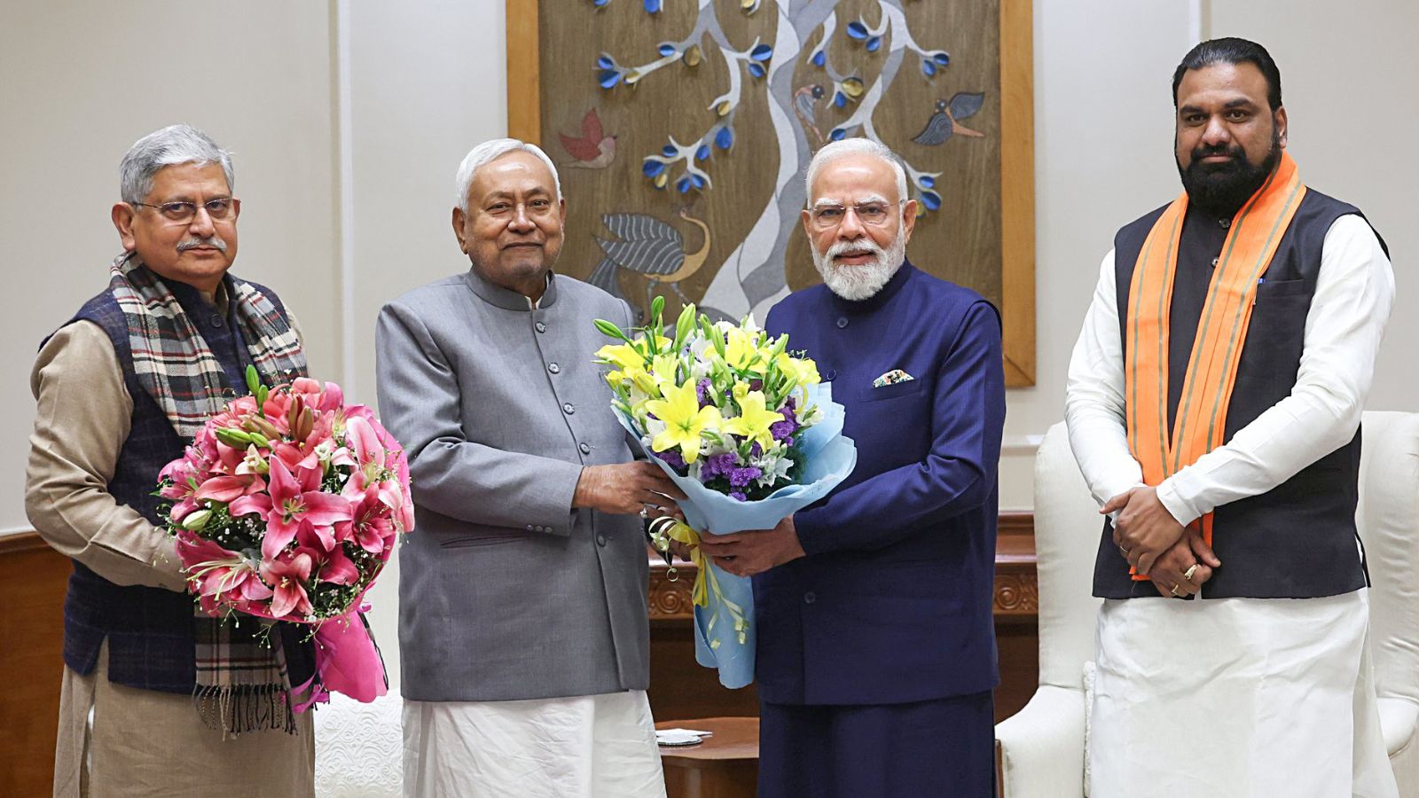 New Delhi, Dec 22 (ANI): Prime Minister Narendra Modi meets Bihar Chief Minister Nitish Kumar, Deputy CM Samrat Chaudhary and Union Minister Rajiv Ranjan (Lalan) Singh, in New Delhi on Monday. (PMO/ANI Photo)