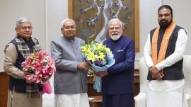New Delhi, Dec 22 (ANI): Prime Minister Narendra Modi meets Bihar Chief Minister Nitish Kumar, Deputy CM Samrat Chaudhary and Union Minister Rajiv Ranjan (Lalan) Singh, in New Delhi on Monday. (PMO/ANI Photo)
