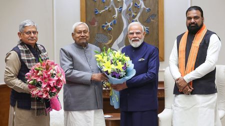 New Delhi, Dec 22 (ANI): Prime Minister Narendra Modi meets Bihar Chief Minister Nitish Kumar, Deputy CM Samrat Chaudhary and Union Minister Rajiv Ranjan (Lalan) Singh, in New Delhi on Monday. (PMO/ANI Photo)