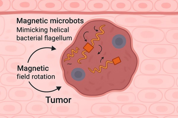 Magnetic nanobots mimicking helical flagellum bacteria treating a cancerous cell