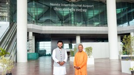 Uttar Pradesh CM Yogi Adityanath and Union Minister of Civil Aviation Ram Mohan Naidu Kinjarapu at Noida International Airport (Jewar)