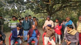 TMC leaders and police at the home of Jewel Sheikh in Murshidabad after news broke of his lynching in Odisha.