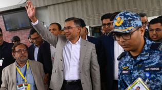 Bangladesh Nationalist Party (BNP) Acting Chairman, Tarique Rahman, waves to supporters at Hazrat Shahjalal International Airport in Dhaka after returning from London, ending more than 17 years of self-imposed exile, Thursday, Dec. 25, 2025. AP/PTI