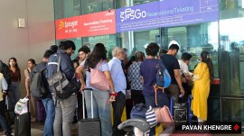 Passengers outside the IndiGo flight ticket counter at Pune International Airport.