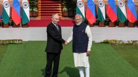 Putin India Visit Today Live: Prime Minister Narendra Modi receives Russian President Vladimir Putin ahead of their meeting at Hyderabad House. (PTI Photo)PM Modi