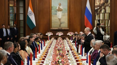 Putin at Rashtrapati Bhavan banquet, India Russia ties, India Russia Defence Relations, India Russia Relation, Putin India Visit, Vladimir Putin India Visit, Putin in India Today, Prime Minister Narendra Modi, Russian President Vladimir Putin, Putin first state visit since Ukraine war, Russia Today India launch, Putin Rashtrapati Bhawan ceremonial reception,, India Russia summit, Vladimir Putin India visit, India-Russia trade, Putin–Modi talks, indian express