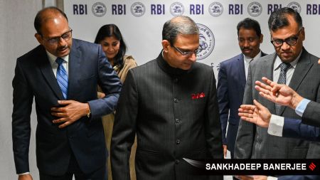 Reserve Bank of India (RBI) Governor Sanjay Malhotra (centre) and other Deputy Governors such as Shirish Chandra Murmu, Poonam Gupta, T Rabi Sankar and Swaminathan J attend a press conference after a monetary policy review in Mumbai on 05 December 2025. Express photo by Sankhadeep Banerjee, 05.12.2025