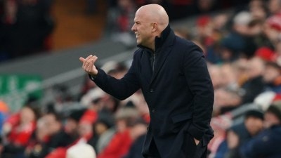 Liverpool's manager Arne Slot gives instructions to his players during the English Premier League soccer match between Liverpool and Wolverhampton Wanderers in Liverpool, Sunday, Dec. 27, 2025. (AP Photo/Ian Hodgson)