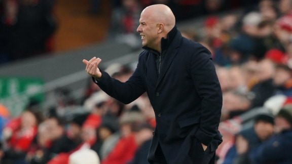 Liverpool's manager Arne Slot gives instructions to his players during the English Premier League soccer match between Liverpool and Wolverhampton Wanderers in Liverpool, Sunday, Dec. 27, 2025. (AP Photo/Ian Hodgson)
