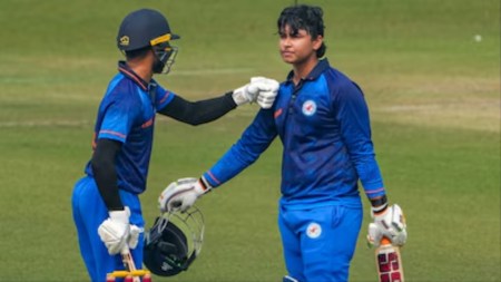 Vaibhav Suryavanshi (R) in action for Bihar. (PTI)