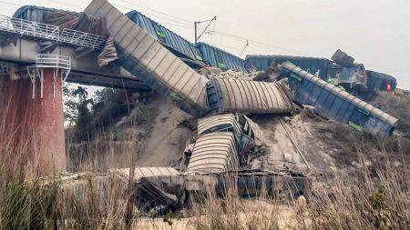 Train accident in Jamui district: On Saturday night, a cement-laden goods train derailed on the Jasidih-Jhajha rail line. (PTI Photo)