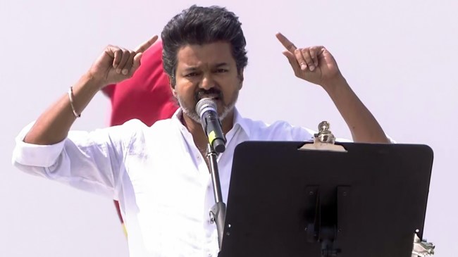 Tamilaga Vettri Kazhagam (TVK) Chief Vijay speaks during a public meeting, in Erode.