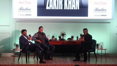 Comedian Zakir Khan in conversation with Anant Goenka and Devendra Pandey (Express photo by Amit Chakravarty)