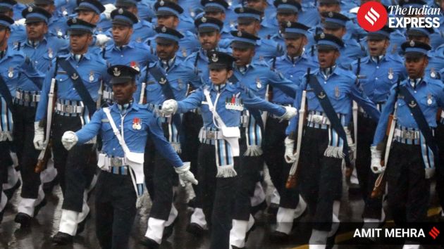 Marching contingents from the Army, Navy and Air Force rehearsed drill formations