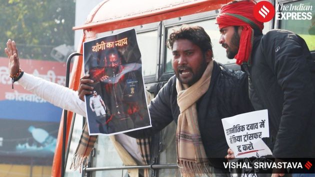 NSUI workers protest in Sambhal against the Uttar Pradesh government’s on CJM Vibhanshu Sudheer’s transfer