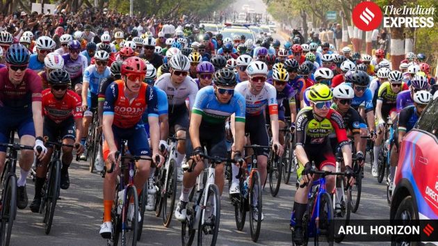 Cyclists ride past Shaniwar Wada as China’s Li Ning Star sealed overall victory at the Pune Grand Tour, with Luke Mudgway retaining the yellow jersey on January 23.