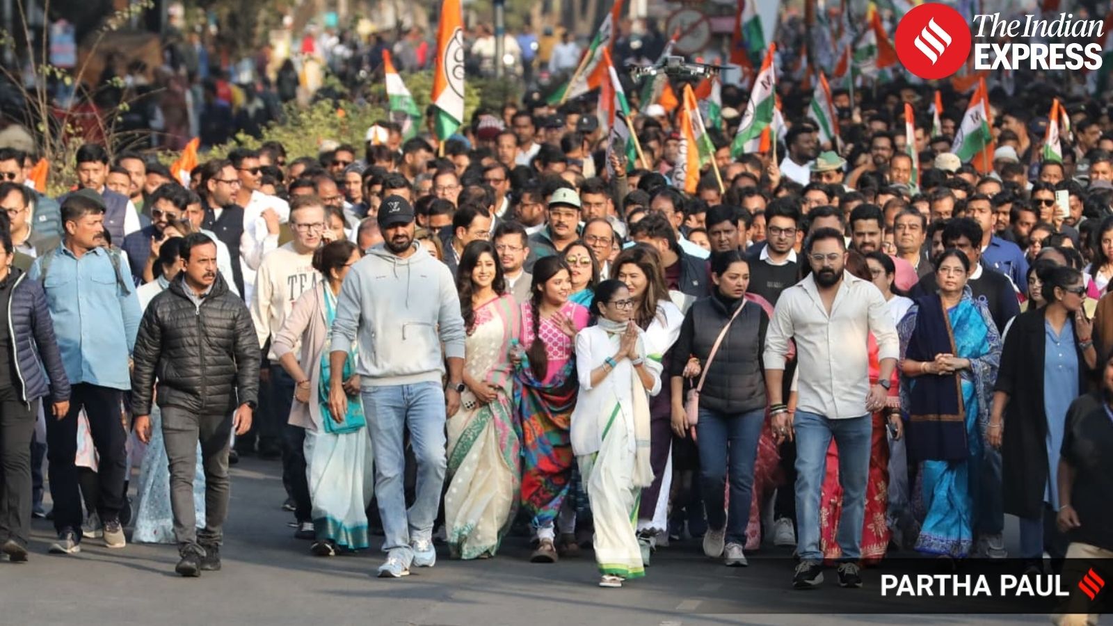 West Bengal Chief Minister and TMC chief Mamata Banerjee leads a protest march accompanied by party leaders and others against the Enforcement Directorate's searches linked to political consultancy firm I-PAC, in Kolkata, Jan. 9, 2026. (PTI Photo)