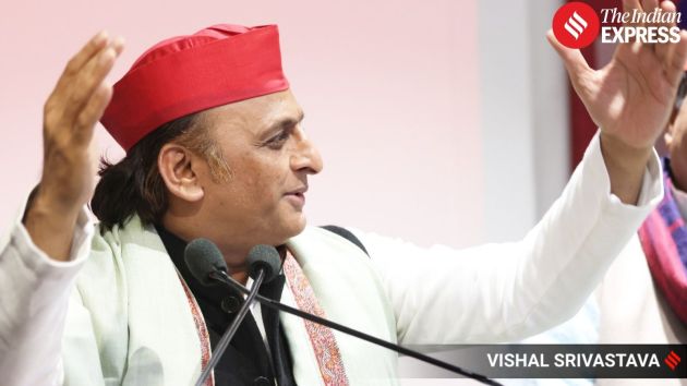 Samajwadi Party chief Akhilesh Yadav addresses a press conference at the party office