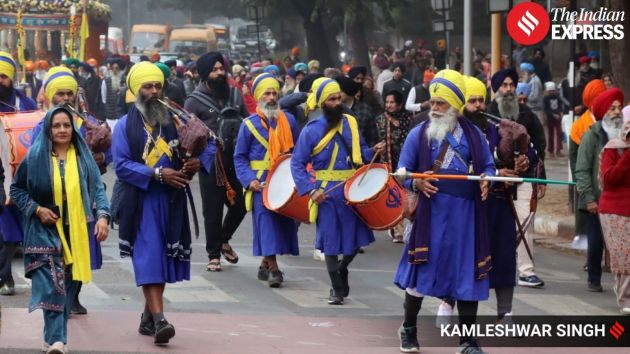 Religious songs and guruvani resonate as the Panj Pyare lead the procession, highlighting the spiritual spirit of the Parkash Parv observance