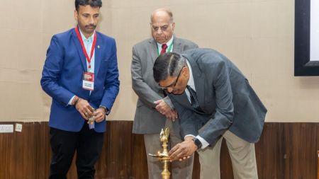 The symposium began with the ceremonial lighting of the lamp, followed by a welcome address by Prof Vinod Narayanan, Conference Chair, IITGN. (Photo: X@iitgn)
