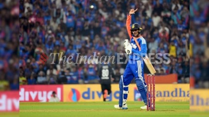 Indian opener Abhishek Sharma scored 84 off 35 and struck eight sixes against New Zealand in the first T20I. (Express Photo by Dhananjay Khedkar)