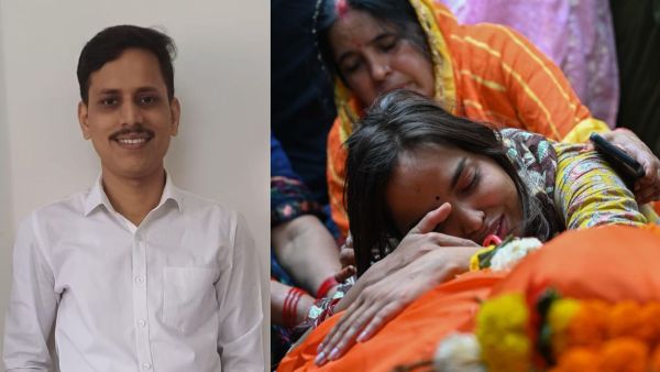 Alok Kumar Singh, a 32-year-old lecturer, was stabbed during an altercation at Malad railway station and died half an hour later as railway police carried out formalities (left); Alok’s wife Pooja, 28, as family members bring in his body (right). (File Photo; Express Photo/Sankhadeep Banerjee)