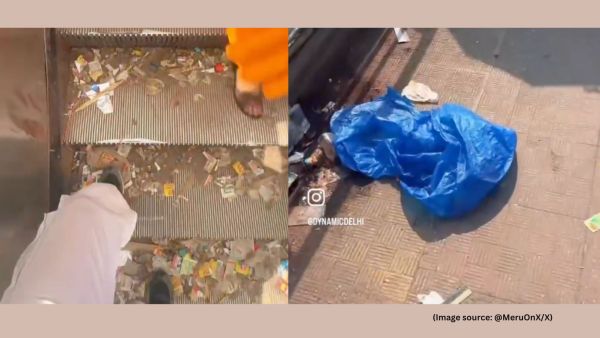 The video shows piles of garbage, dust, plastic wrappers, and tobacco stains all over the escalator
