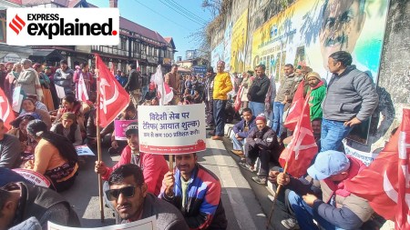 Protesters demanding a raise in import duty on apples near the state secretariat in Shimla, January 19.