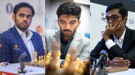 Indian Chess Grandmasters Arjun Erigaisi, D. Gukesh and R. Praggnanandhaa. (PHOTO: FIDE/FILE)