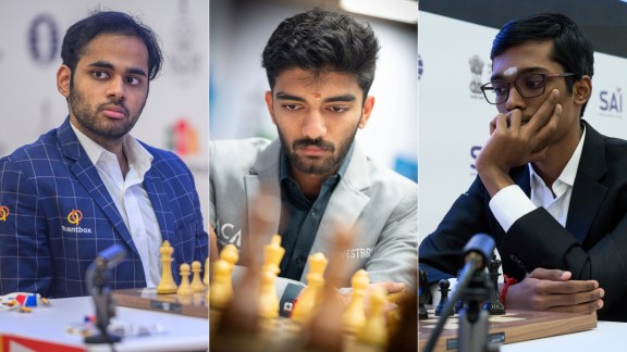 Indian Chess Grandmasters Arjun Erigaisi, D. Gukesh and R. Praggnanandhaa. (PHOTO: FIDE/FILE) Olympiad