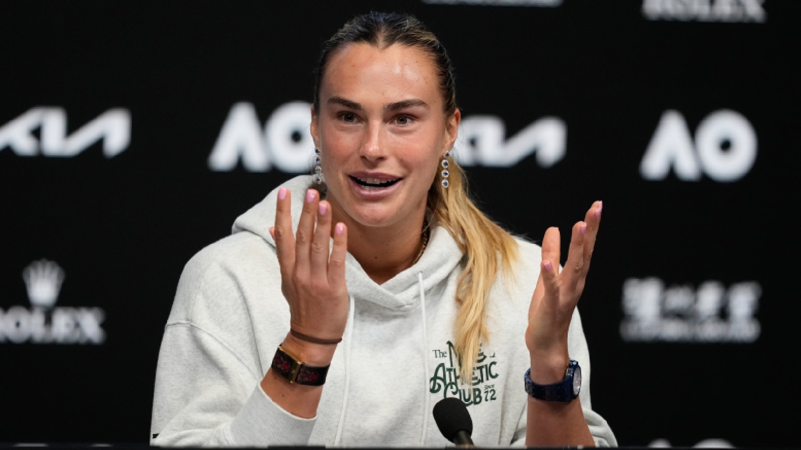 Aryna Sabalenka of Belarus reacts during a press conference ahead of the Australian Open tennis championship in Melbourne, Australia, Friday, Jan. 16, 2026. (AP Photo)