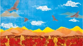 Between Heaven and Earth- Rose Gardens, 4 x 5 ft, Wood cut print on paper, 2025.