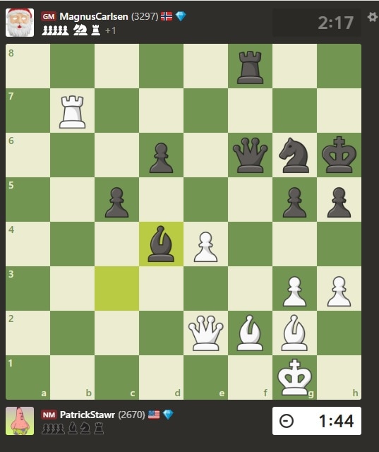 The ill-advised move from Magnus Carlsen just before his opponent, Jacorey Bynum, moved in for the kill with a piece sacrifice. (screengrab via Chess.com)