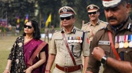 Rajeev Kumar, Director General and Inspector General of Police, West Bengal, with his wife Sanchita Kumar during his farewell parade at Alipore Bodyguard Lines, in Kolkata, Thursday, Jan. 29, 2026.