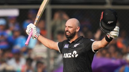 New Zealand batter Daryl Mitchell celebrating his century against India during 3rd ODI in Indore. (PHOTO: AP)